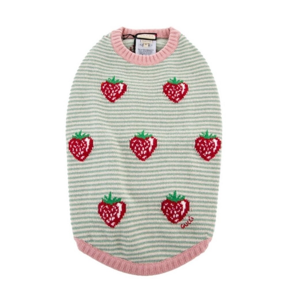Gucci Green and Pink Striped Dog Sweater with Red Strawberry Design